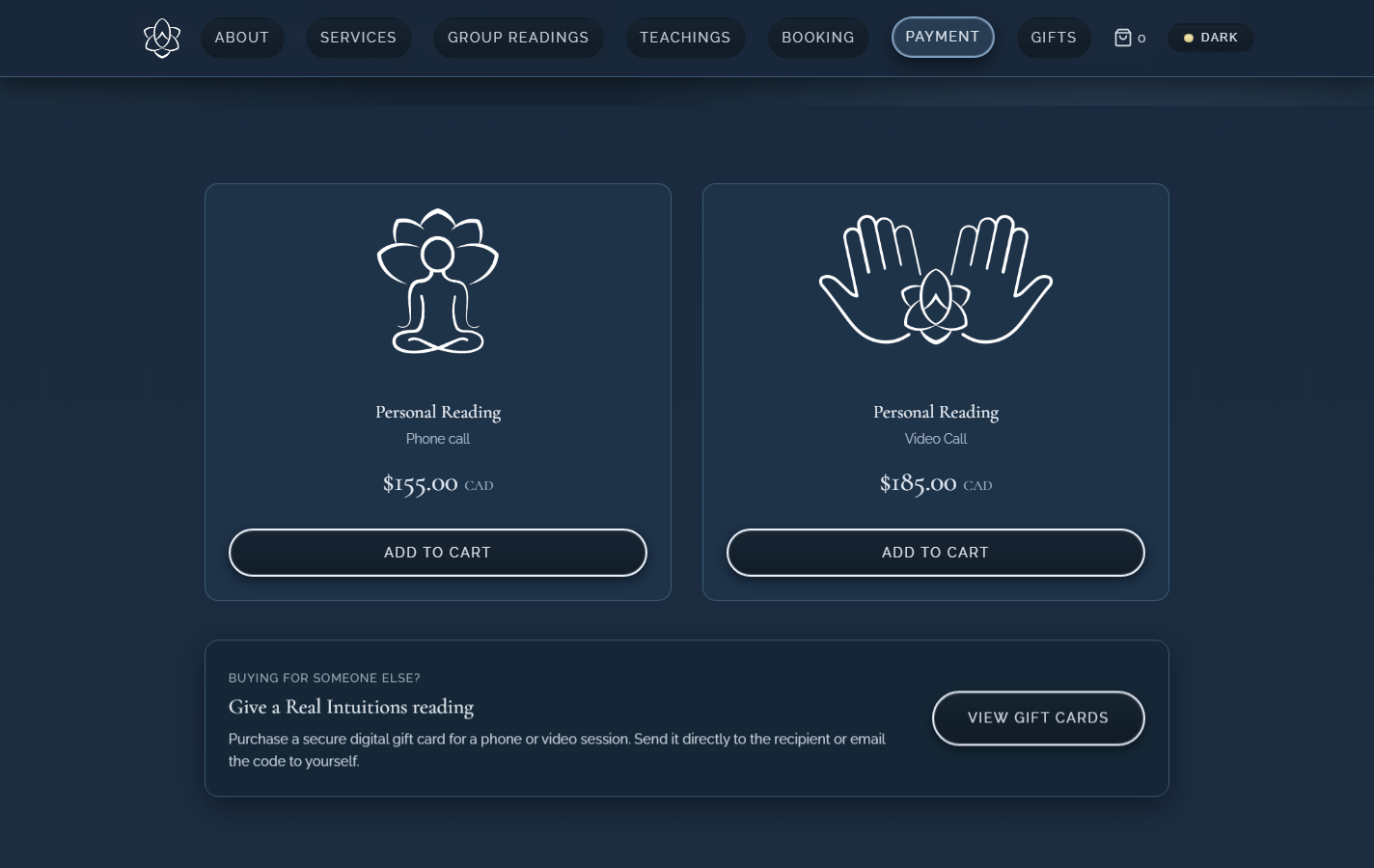 Real Intuitions payment page with current session prices, add to cart controls, and digital gift cards